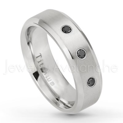 0.07ctw Black Diamond Solitaire Ring - April Birthstone Ring - 7mm Satin Finish Beveled Edge Comfort Fit Titanium Wedding Ring TM260-BD