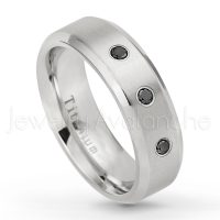 0.21ctw Black Diamond 3-Stone Ring - April Birthstone Ring - 7mm Satin Finish Beveled Edge Comfort Fit Titanium Wedding Ring TM260-BD