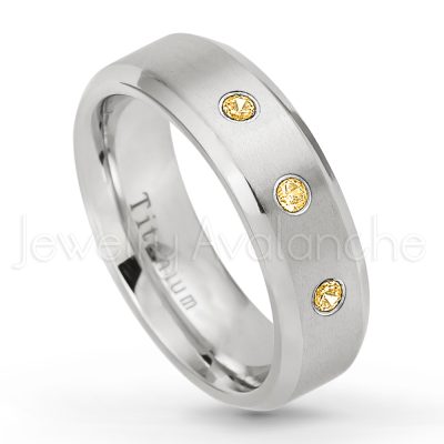 0.21ctw Citrine & Diamond 3-Stone Ring - November Birthstone Ring - 7mm Satin Finish Beveled Edge Comfort Fit Titanium Wedding Ring TM260-CN