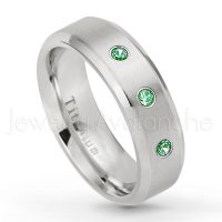 0.21ctw Emerald 3-Stone Ring - May Birthstone Ring - 7mm Satin Finish Beveled Edge Comfort Fit Titanium Wedding Ring TM260-ED