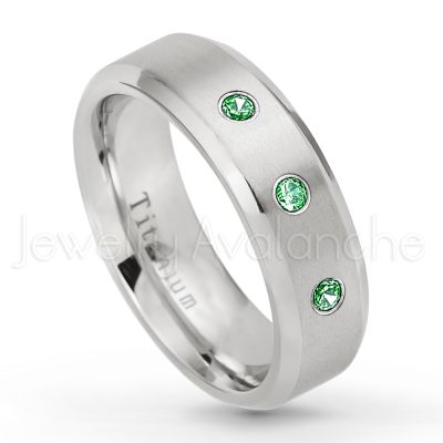0.21ctw Diamond & Emerald 3-Stone Ring - May Birthstone Ring - 7mm Satin Finish Beveled Edge Comfort Fit Titanium Wedding Ring TM260-ED