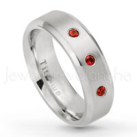0.21ctw Garnet 3-Stone Ring - January Birthstone Ring - 7mm Satin Finish Beveled Edge Comfort Fit Titanium Wedding Ring TM260-GR