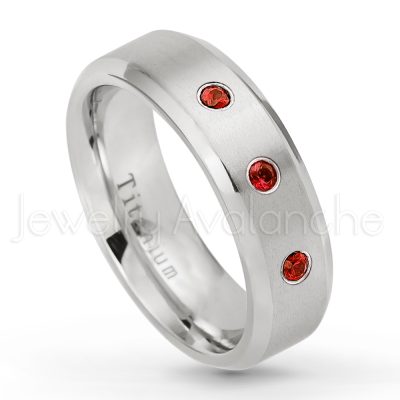 0.07ctw Garnet Solitaire Ring - January Birthstone Ring - 7mm Satin Finish Beveled Edge Comfort Fit Titanium Wedding Ring TM260-GR