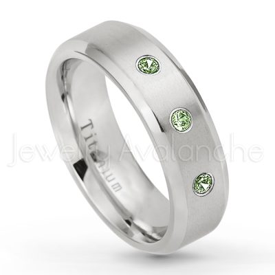 0.21ctw Diamond & Green Tourmaline 3-Stone Ring - October Birthstone Ring - 7mm Satin Finish Beveled Edge Comfort Fit Titanium Wedding Ring TM260-GTM
