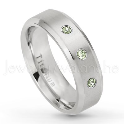 0.21ctw Peridot & Diamond 3-Stone Ring - August Birthstone Ring - 7mm Satin Finish Beveled Edge Comfort Fit Titanium Wedding Ring TM260-PD
