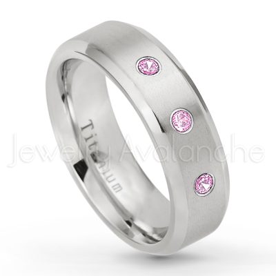 0.21ctw Pink Tourmaline 3-Stone Ring - October Birthstone Ring - 7mm Satin Finish Beveled Edge Comfort Fit Titanium Wedding Ring TM260-PTM