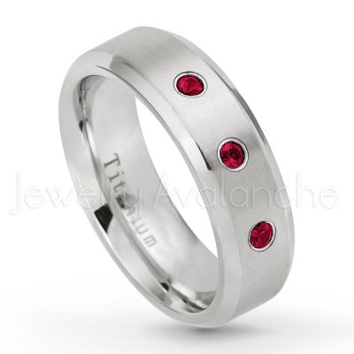 0.07ctw Ruby Solitaire Ring - July Birthstone Ring - 7mm Satin Finish Beveled Edge Comfort Fit Titanium Wedding Ring TM260-RB