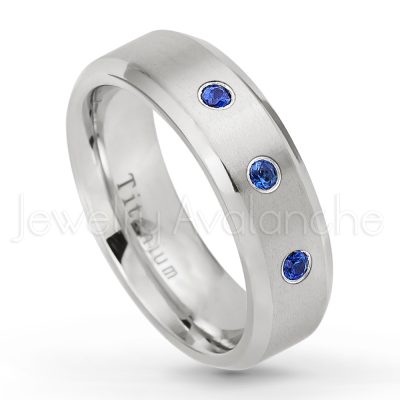0.21ctw Blue Sapphire & Diamond 3-Stone Ring - September Birthstone Ring - 7mm Satin Finish Beveled Edge Comfort Fit Titanium Wedding Ring TM260-SP