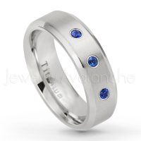0.21ctw Blue Sapphire 3-Stone Ring - September Birthstone Ring - 7mm Satin Finish Beveled Edge Comfort Fit Titanium Wedding Ring TM260-SP