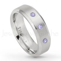 0.21ctw Tanzanite 3-Stone Ring - December Birthstone Ring - 7mm Satin Finish Beveled Edge Comfort Fit Titanium Wedding Ring TM260-TZN