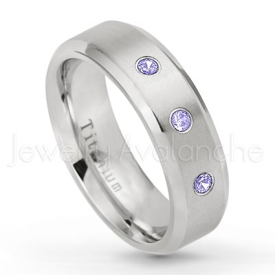 0.07ctw Tanzanite Solitaire Ring - December Birthstone Ring - 7mm Satin Finish Beveled Edge Comfort Fit Titanium Wedding Ring TM260-TZN