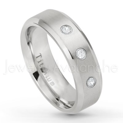 0.07ctw Diamond Solitaire Ring - April Birthstone Ring - 7mm Satin Finish Beveled Edge Comfort Fit Titanium Wedding Ring TM260-WD