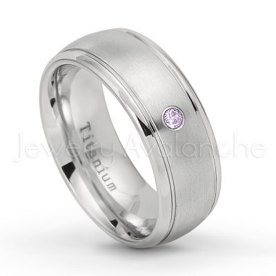 0.21ctw Diamond & Amethyst 3-Stone Ring - February Birthstone Ring - 8mm Satin Finish Comfort Fit Classic Dome Titanium Wedding Ring TM261-AMT