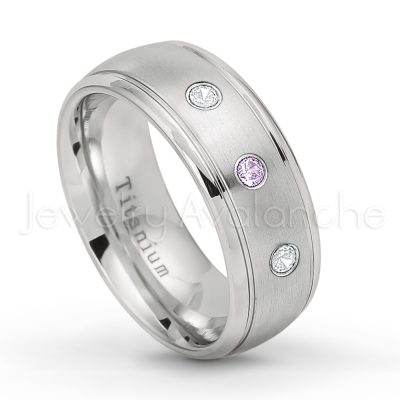 0.21ctw Amethyst 3-Stone Ring - February Birthstone Ring - 8mm Satin Finish Comfort Fit Classic Dome Titanium Wedding Ring TM261-AMT