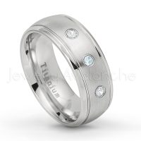 0.21ctw Aquamarine & Diamond 3-Stone Ring - March Birthstone Ring - 8mm Satin Finish Comfort Fit Classic Dome Titanium Wedding Ring TM261-AQM
