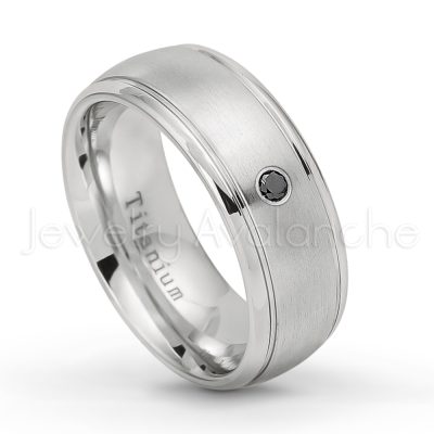 0.21ctw White & Black Diamond 3-Stone Ring - April Birthstone Ring - 8mm Satin Finish Comfort Fit Classic Dome Titanium Wedding Ring TM261-BD