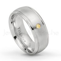 0.07ctw Citrine Solitaire Ring - November Birthstone Ring - 8mm Satin Finish Comfort Fit Classic Dome Titanium Wedding Ring TM261-CN