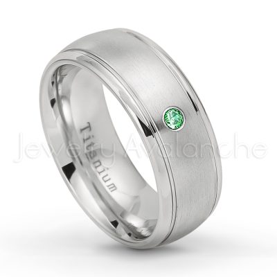 0.21ctw Emerald 3-Stone Ring - May Birthstone Ring - 8mm Satin Finish Comfort Fit Classic Dome Titanium Wedding Ring TM261-ED