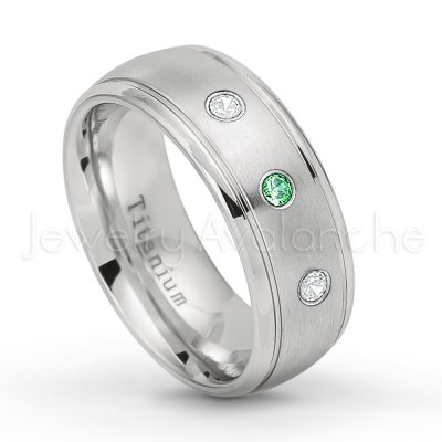0.21ctw Emerald 3-Stone Ring - May Birthstone Ring - 8mm Satin Finish Comfort Fit Classic Dome Titanium Wedding Ring TM261-ED