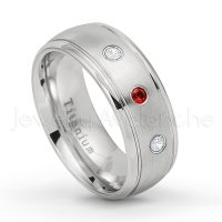 0.21ctw Garnet & Diamond 3-Stone Ring - January Birthstone Ring - 8mm Satin Finish Comfort Fit Classic Dome Titanium Wedding Ring TM261-GR