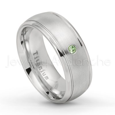0.21ctw Green Tourmaline 3-Stone Ring - October Birthstone Ring - 8mm Satin Finish Comfort Fit Classic Dome Titanium Wedding Ring TM261-GTM