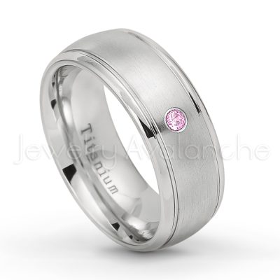 0.21ctw Diamond & Pink Tourmaline 3-Stone Ring - October Birthstone Ring - 8mm Satin Finish Comfort Fit Classic Dome Titanium Wedding Ring TM261-PTM