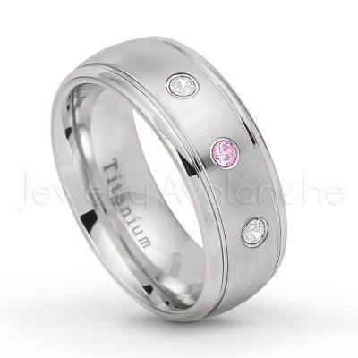 0.21ctw Pink Tourmaline & Diamond 3-Stone Ring - October Birthstone Ring - 8mm Satin Finish Comfort Fit Classic Dome Titanium Wedding Ring TM261-PTM