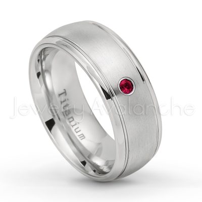 0.21ctw Diamond & Ruby 3-Stone Ring - July Birthstone Ring - 8mm Satin Finish Comfort Fit Classic Dome Titanium Wedding Ring TM261-RB