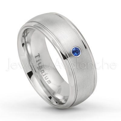 0.21ctw Diamond & Blue Sapphire 3-Stone Ring - September Birthstone Ring - 8mm Satin Finish Comfort Fit Classic Dome Titanium Wedding Ring TM261-SP