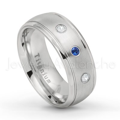 0.21ctw Diamond & Blue Sapphire 3-Stone Ring - September Birthstone Ring - 8mm Satin Finish Comfort Fit Classic Dome Titanium Wedding Ring TM261-SP
