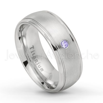 0.21ctw Tanzanite 3-Stone Ring - December Birthstone Ring - 8mm Satin Finish Comfort Fit Classic Dome Titanium Wedding Ring TM261-TZN