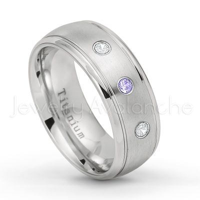 0.21ctw Diamond & Tanzanite 3-Stone Ring - December Birthstone Ring - 8mm Satin Finish Comfort Fit Classic Dome Titanium Wedding Ring TM261-TZN