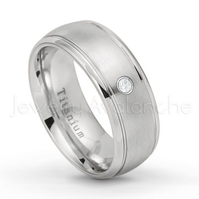 0.21ctw Diamond 3-Stone Ring - April Birthstone Ring - 8mm Satin Finish Comfort Fit Classic Dome Titanium Wedding Ring TM261-WD