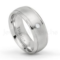 0.07ctw Diamond Solitaire Ring - April Birthstone Ring - 8mm Satin Finish Comfort Fit Classic Dome Titanium Wedding Ring TM261-WD