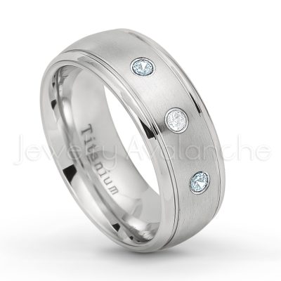 0.21ctw Aquamarine & Diamond 3-Stone Ring - March Birthstone Ring - 8mm Satin Finish Comfort Fit Classic Dome Titanium Wedding Ring TM261-AQM
