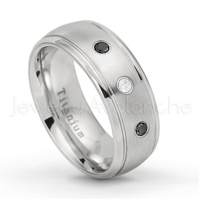0.21ctw Black Diamond 3-Stone Ring - April Birthstone Ring - 8mm Satin Finish Comfort Fit Classic Dome Titanium Wedding Ring TM261-BD