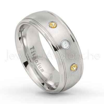 0.21ctw Citrine & Diamond 3-Stone Ring - November Birthstone Ring - 8mm Satin Finish Comfort Fit Classic Dome Titanium Wedding Ring TM261-CN
