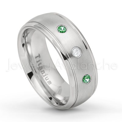 0.21ctw Emerald & Diamond 3-Stone Ring - May Birthstone Ring - 8mm Satin Finish Comfort Fit Classic Dome Titanium Wedding Ring TM261-ED