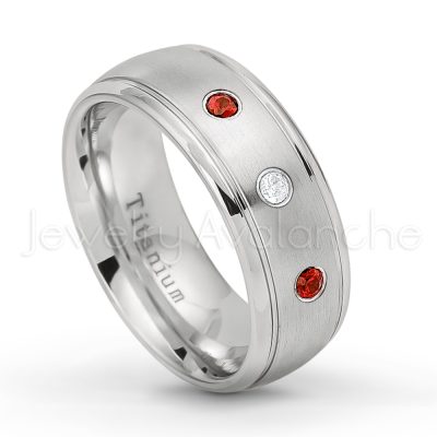 0.21ctw Garnet 3-Stone Ring - January Birthstone Ring - 8mm Satin Finish Comfort Fit Classic Dome Titanium Wedding Ring TM261-GR
