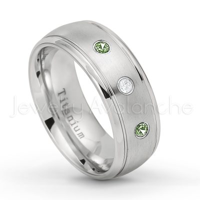 0.21ctw Green Tourmaline 3-Stone Ring - October Birthstone Ring - 8mm Satin Finish Comfort Fit Classic Dome Titanium Wedding Ring TM261-GTM
