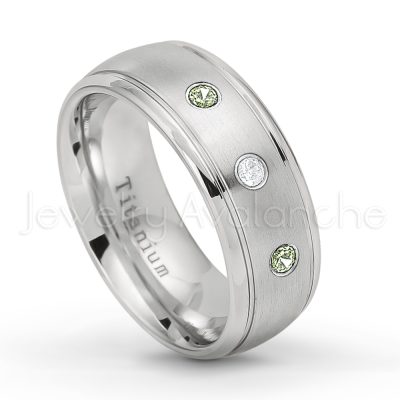 0.21ctw Peridot 3-Stone Ring - August Birthstone Ring - 8mm Satin Finish Comfort Fit Classic Dome Titanium Wedding Ring TM261-PD