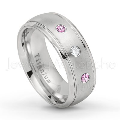 0.21ctw Pink Tourmaline & Diamond 3-Stone Ring - October Birthstone Ring - 8mm Satin Finish Comfort Fit Classic Dome Titanium Wedding Ring TM261-PTM