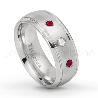 0.07ctw Ruby Solitaire Ring - July Birthstone Ring - 8mm Satin Finish Comfort Fit Classic Dome Titanium Wedding Ring TM261-RB
