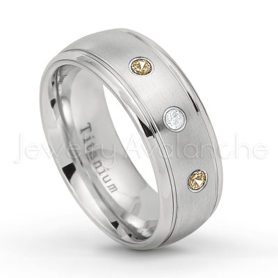 0.21ctw Smokey Quartz & Diamond 3-Stone Ring - November Birthstone Ring - 8mm Satin Finish Comfort Fit Classic Dome Titanium Wedding Ring TM261-SMQ