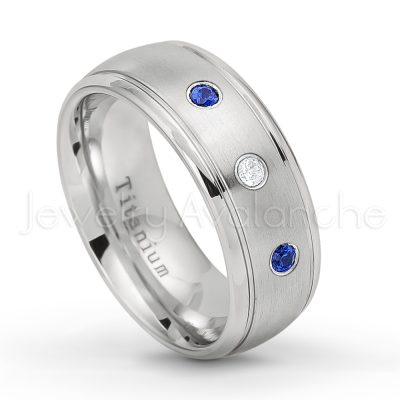 0.21ctw Blue Sapphire 3-Stone Ring - September Birthstone Ring - 8mm Satin Finish Comfort Fit Classic Dome Titanium Wedding Ring TM261-SP