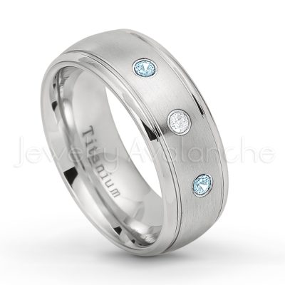 0.21ctw Topaz & Diamond 3-Stone Ring - November Birthstone Ring - 8mm Satin Finish Comfort Fit Classic Dome Titanium Wedding Ring TM261-TP