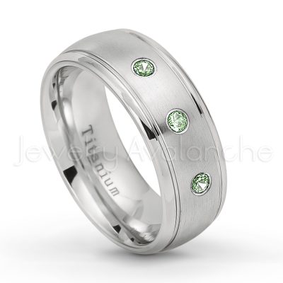 0.21ctw Alexandrite & Diamond 3-Stone Ring - June Birthstone Ring - 8mm Satin Finish Comfort Fit Classic Dome Titanium Wedding Ring TM261-ALX
