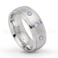 0.21ctw Amethyst 3-Stone Ring - February Birthstone Ring - 8mm Satin Finish Comfort Fit Classic Dome Titanium Wedding Ring TM261-AMT
