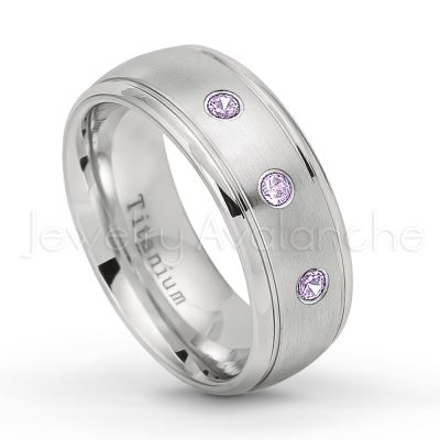 0.21ctw Amethyst & Diamond 3-Stone Ring - February Birthstone Ring - 8mm Satin Finish Comfort Fit Classic Dome Titanium Wedding Ring TM261-AMT