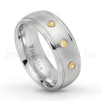 0.21ctw Citrine 3-Stone Ring - November Birthstone Ring - 8mm Satin Finish Comfort Fit Classic Dome Titanium Wedding Ring TM261-CN